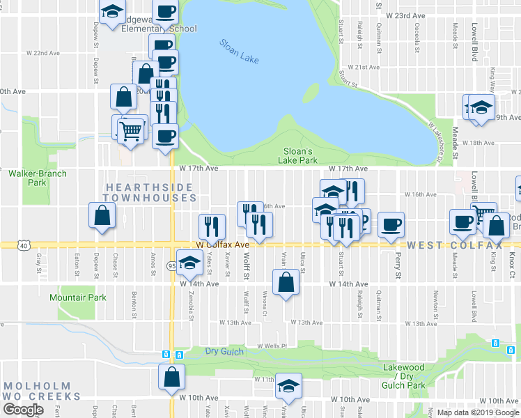 map of restaurants, bars, coffee shops, grocery stores, and more near 4700 West 16th Drive in Denver
