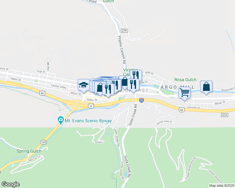 map of restaurants, bars, coffee shops, grocery stores, and more near 1712 Miner Street in Idaho Springs