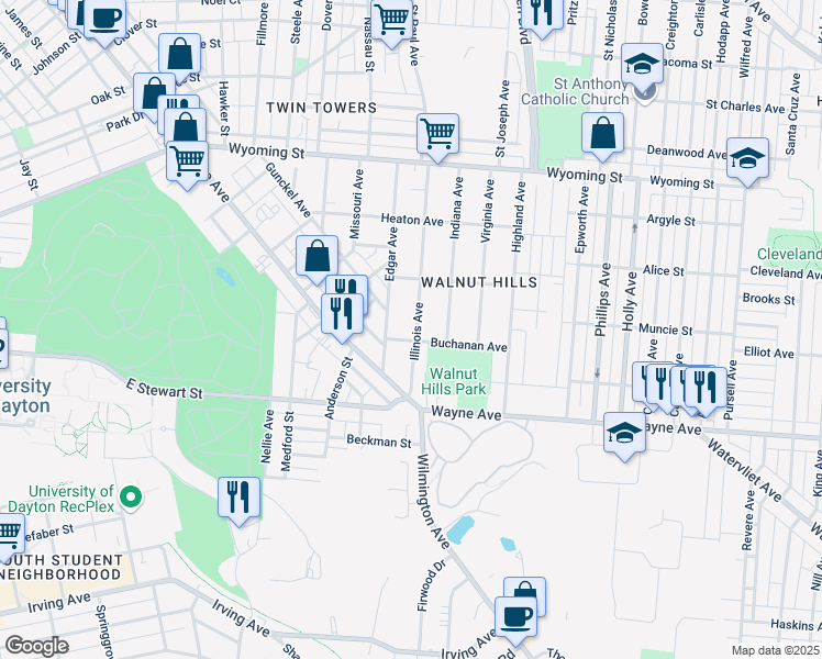map of restaurants, bars, coffee shops, grocery stores, and more near 261 Illinois Avenue in Dayton