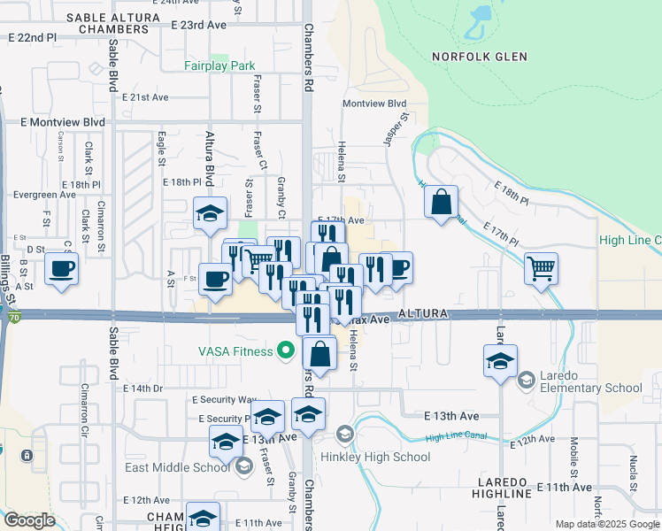 map of restaurants, bars, coffee shops, grocery stores, and more near 15355 East Colfax Avenue in Aurora