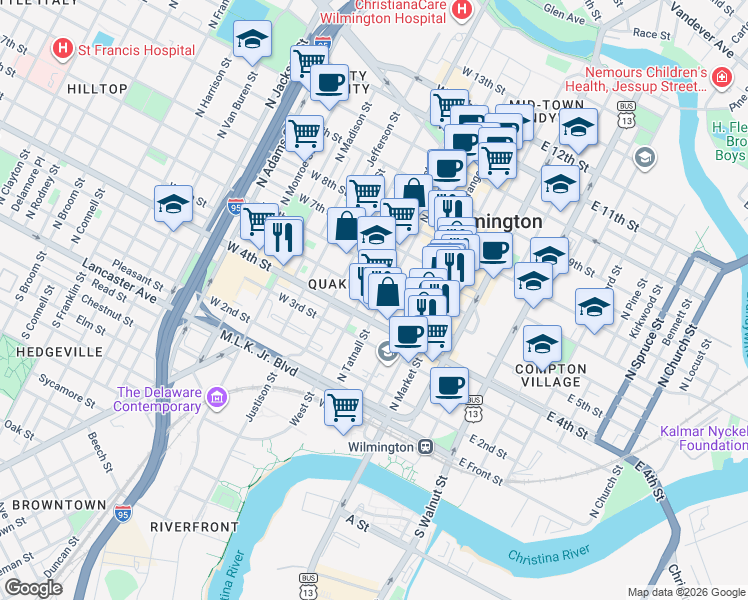 map of restaurants, bars, coffee shops, grocery stores, and more near 430 North West Street in Wilmington
