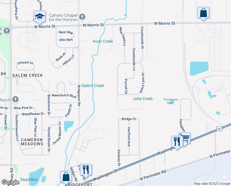 map of restaurants, bars, coffee shops, grocery stores, and more near 1716 Countryside Drive in Indianapolis