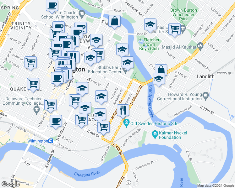 map of restaurants, bars, coffee shops, grocery stores, and more near 901 Kirkwood Street in Wilmington