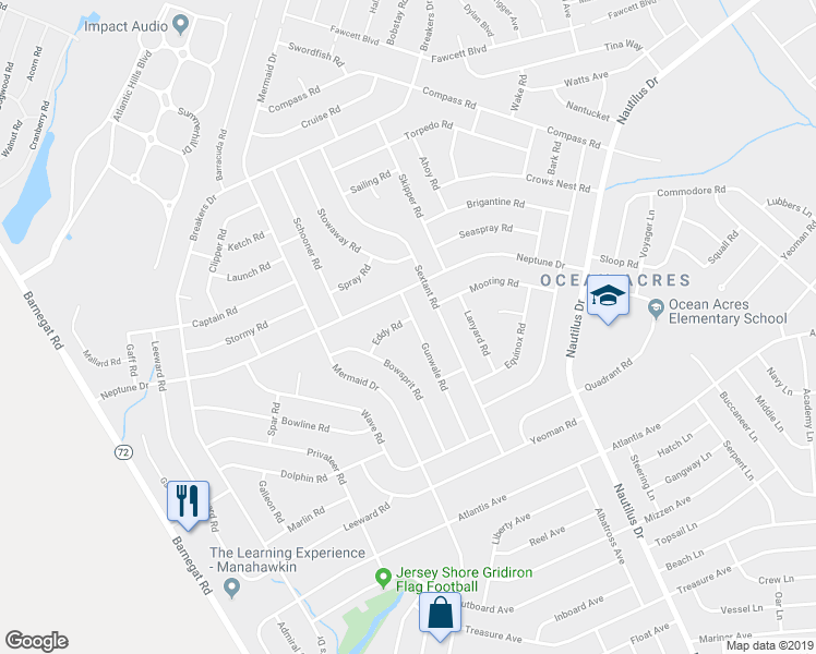 map of restaurants, bars, coffee shops, grocery stores, and more near 108 Gunwale Road in Stafford Township
