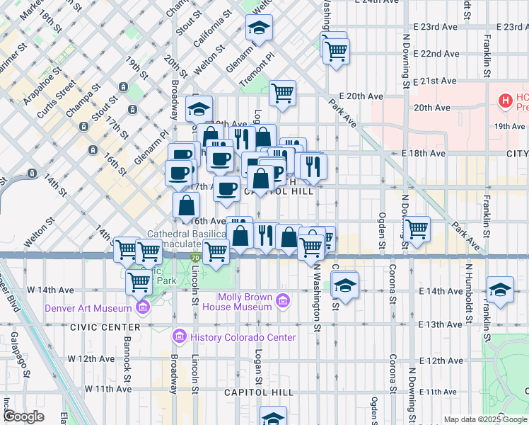 map of restaurants, bars, coffee shops, grocery stores, and more near 1620 Logan Street in Denver