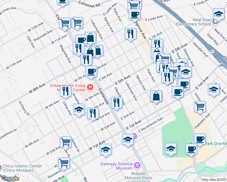 map of restaurants, bars, coffee shops, grocery stores, and more near 1433 Oleander Avenue in Chico