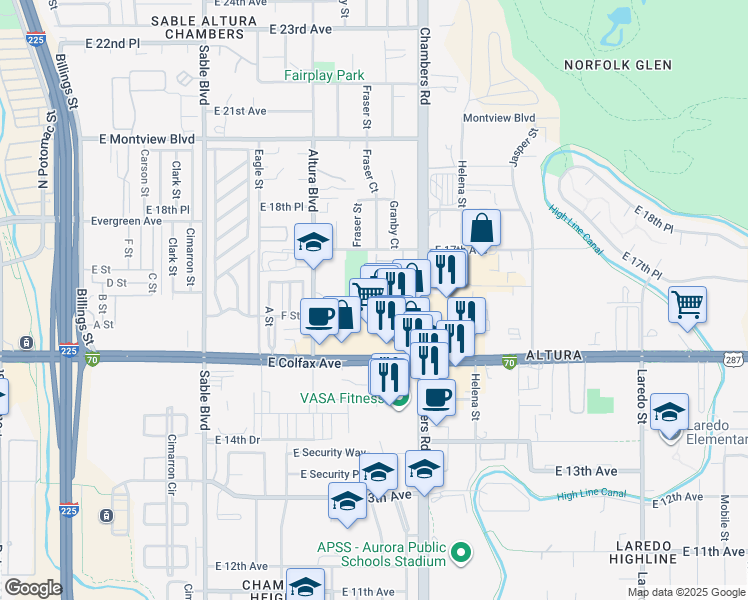map of restaurants, bars, coffee shops, grocery stores, and more near 1611 Fraser Court in Aurora