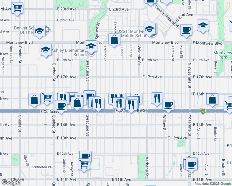map of restaurants, bars, coffee shops, grocery stores, and more near 1626 Tamarac Street in Denver
