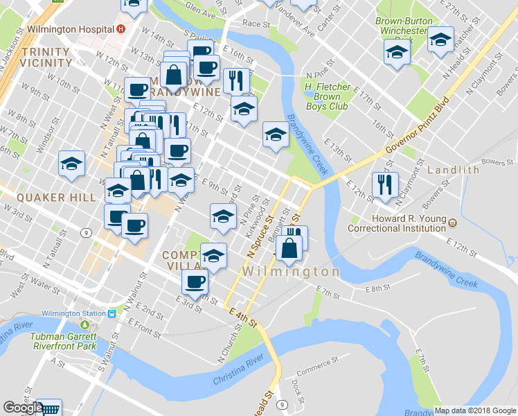map of restaurants, bars, coffee shops, grocery stores, and more near 903 Kirkwood Street in Wilmington