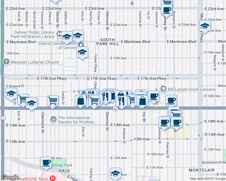 map of restaurants, bars, coffee shops, grocery stores, and more near 1631 Grape Street in Denver
