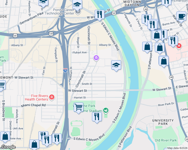 map of restaurants, bars, coffee shops, grocery stores, and more near 412 Hopeland Street in Dayton