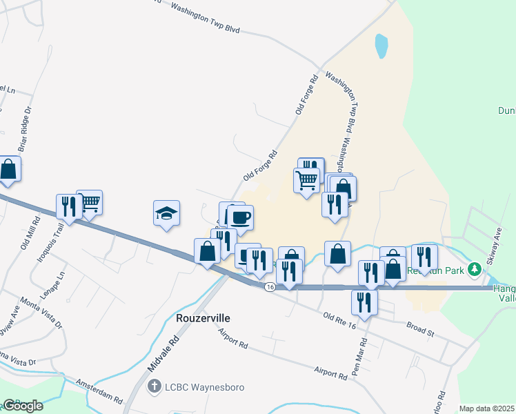map of restaurants, bars, coffee shops, grocery stores, and more near 12939 Washington Township Boulevard in Waynesboro