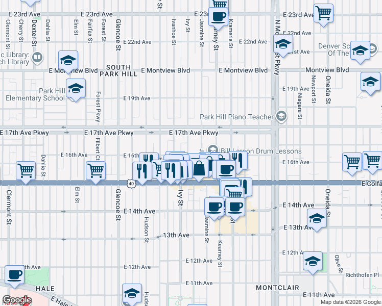 map of restaurants, bars, coffee shops, grocery stores, and more near 1600 Ivy Street in Denver