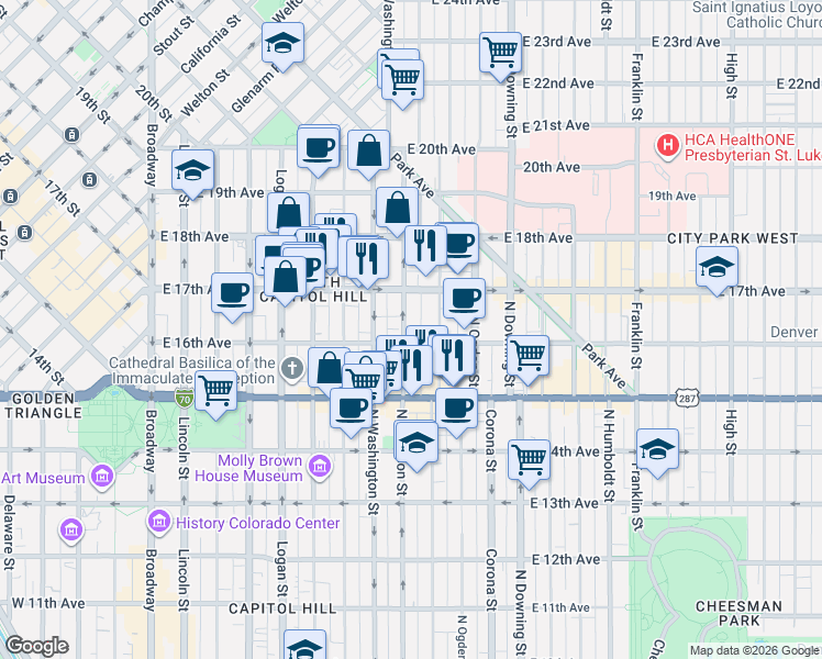 map of restaurants, bars, coffee shops, grocery stores, and more near 810 East 17th Avenue in Denver