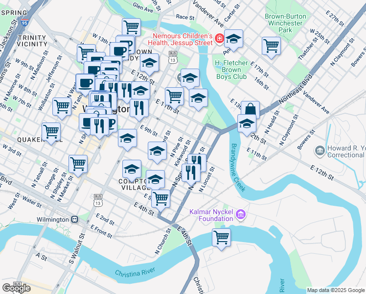 map of restaurants, bars, coffee shops, grocery stores, and more near 903 Kirkwood Street in Wilmington
