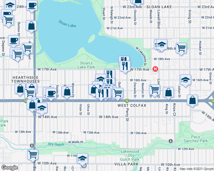 map of restaurants, bars, coffee shops, grocery stores, and more near 1565 Raleigh Street in Denver