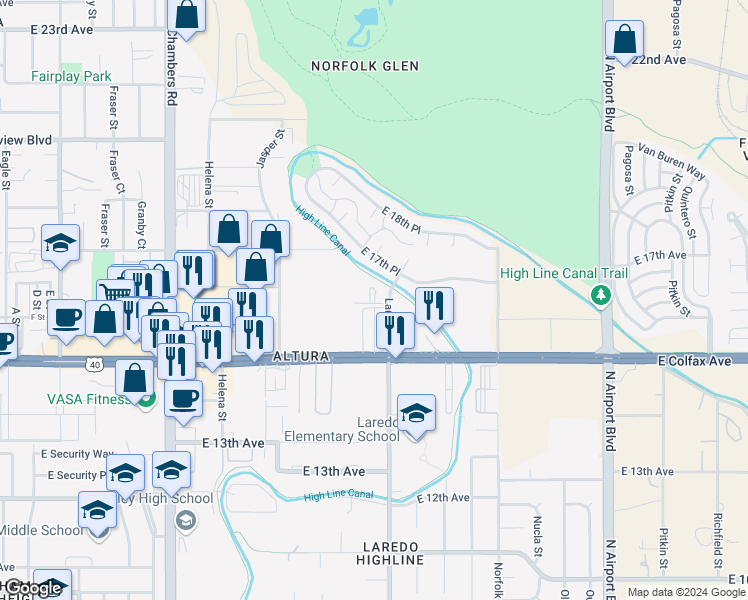 map of restaurants, bars, coffee shops, grocery stores, and more near 16015 East 16th Avenue in Aurora