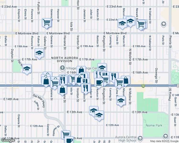 map of restaurants, bars, coffee shops, grocery stores, and more near 1624 Jamaica Street in Aurora