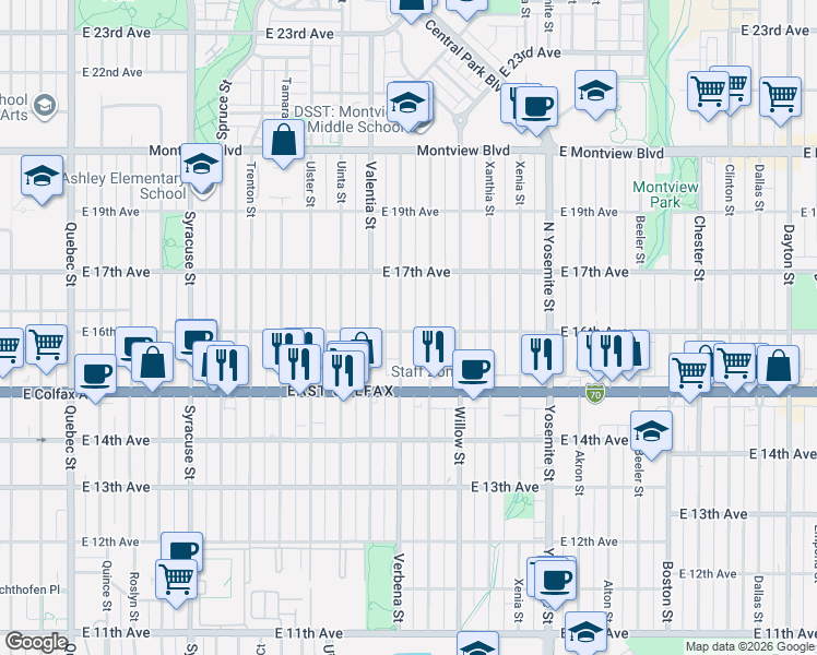 map of restaurants, bars, coffee shops, grocery stores, and more near 1600 Verbena Street in Denver