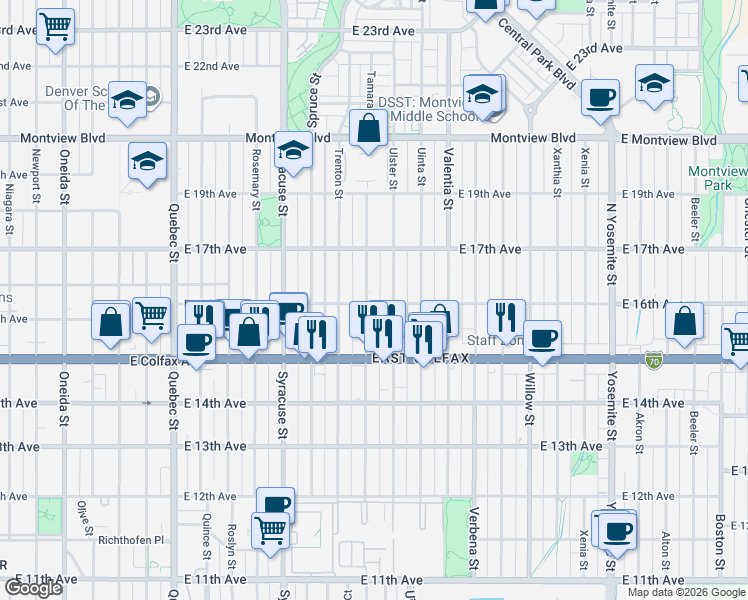 map of restaurants, bars, coffee shops, grocery stores, and more near 1626 Tamarac Street in Denver
