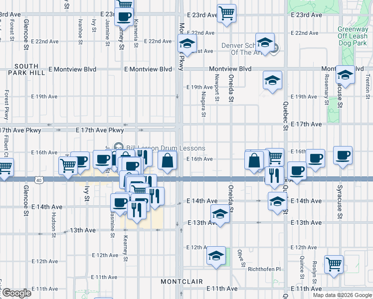 map of restaurants, bars, coffee shops, grocery stores, and more near 1646 Magnolia Street in Denver