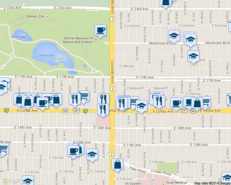 map of restaurants, bars, coffee shops, grocery stores, and more near 4022 Batavia Place in Denver