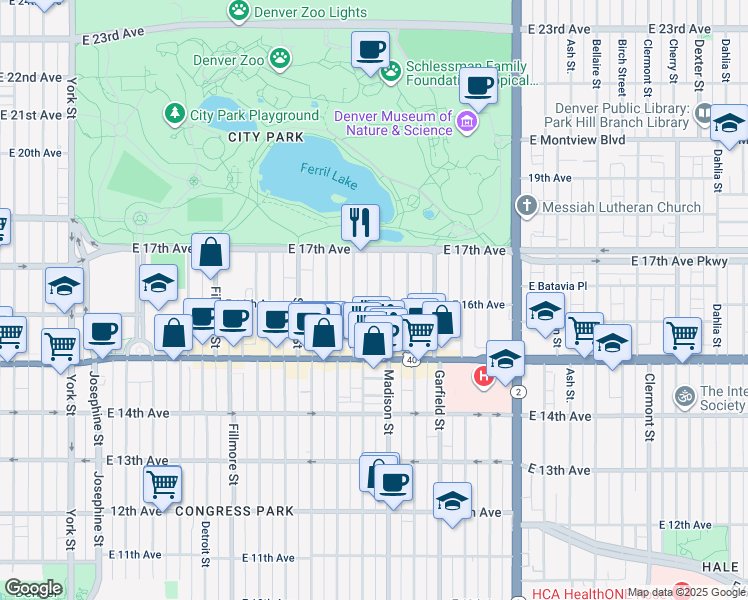 map of restaurants, bars, coffee shops, grocery stores, and more near 1620 Cook Street in Denver