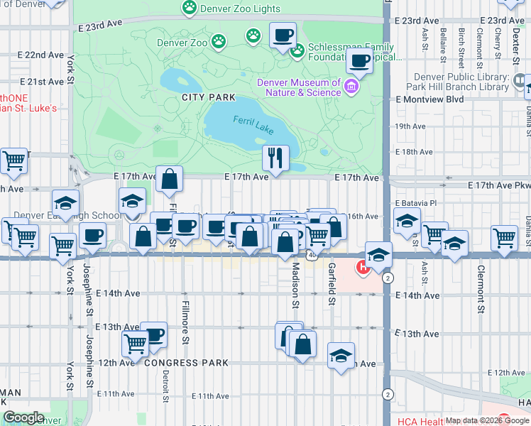 map of restaurants, bars, coffee shops, grocery stores, and more near 1620 Cook Street in Denver