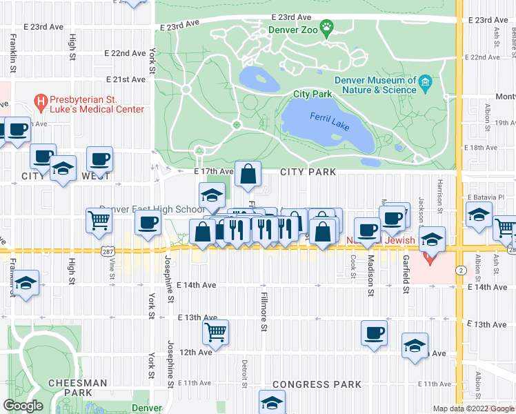 map of restaurants, bars, coffee shops, grocery stores, and more near 1633 Fillmore Street in Denver