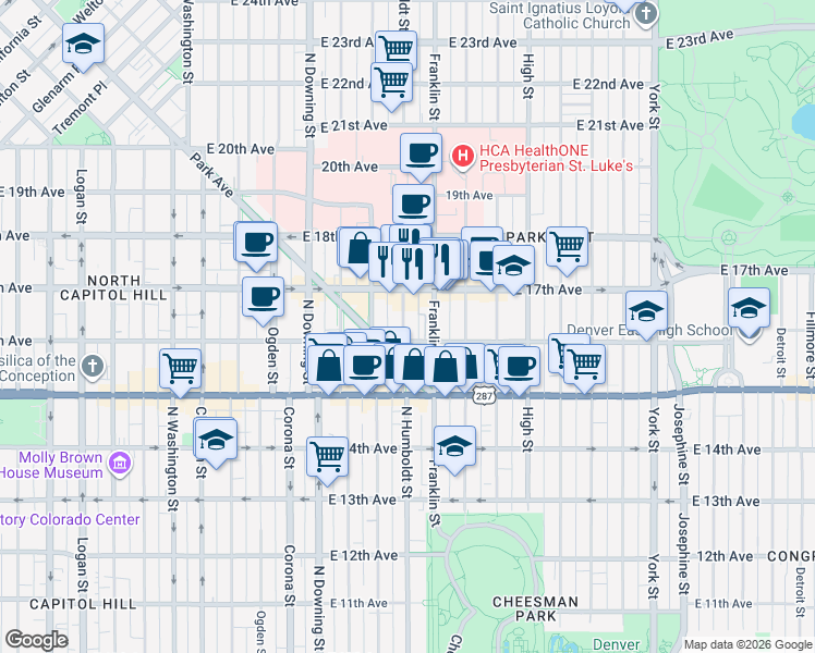 map of restaurants, bars, coffee shops, grocery stores, and more near in Denver