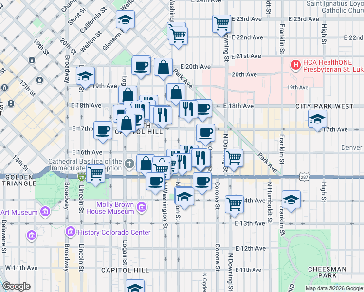 map of restaurants, bars, coffee shops, grocery stores, and more near 810 East 17th Avenue in Denver