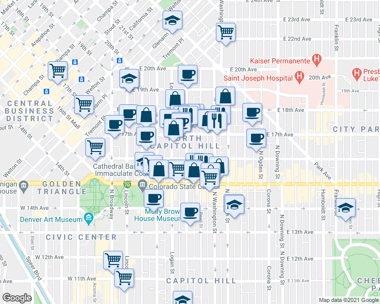 map of restaurants, bars, coffee shops, grocery stores, and more near 1644 Pennsylvania Street in Denver