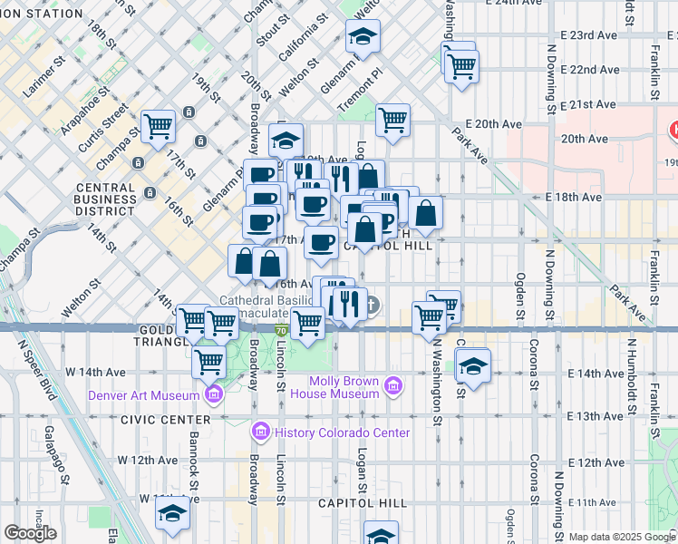map of restaurants, bars, coffee shops, grocery stores, and more near in Denver