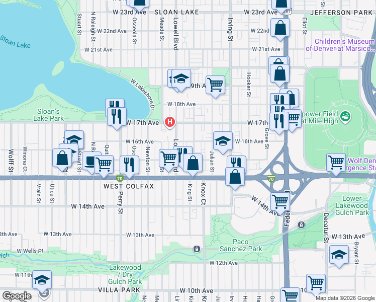 map of restaurants, bars, coffee shops, grocery stores, and more near 1593 King Street in Denver