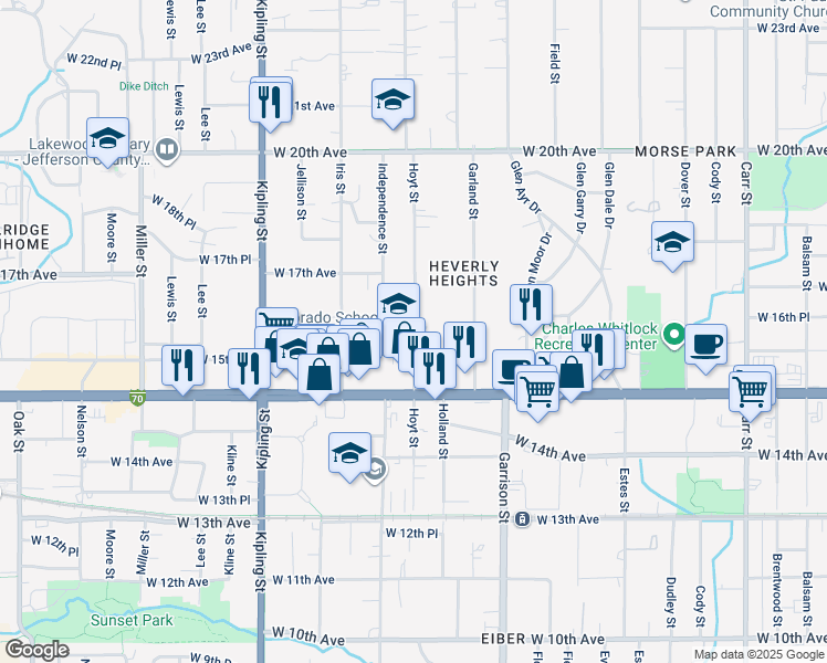 map of restaurants, bars, coffee shops, grocery stores, and more near 1660 Hoyt Street in Lakewood