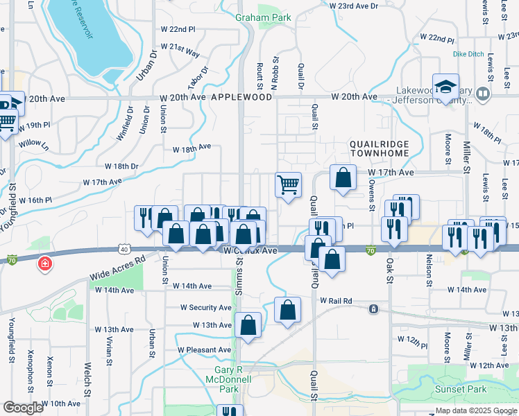 map of restaurants, bars, coffee shops, grocery stores, and more near 1651 Routt Street in Lakewood