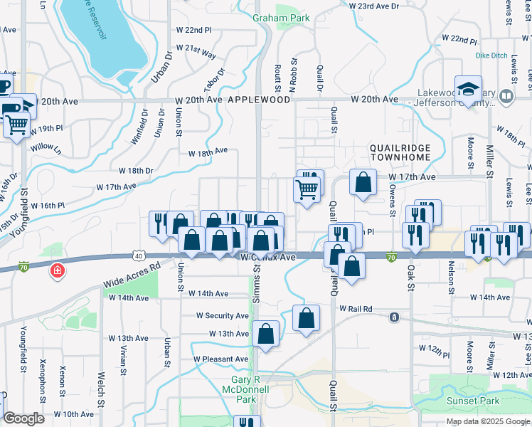 map of restaurants, bars, coffee shops, grocery stores, and more near 1651 Routt Street in Lakewood