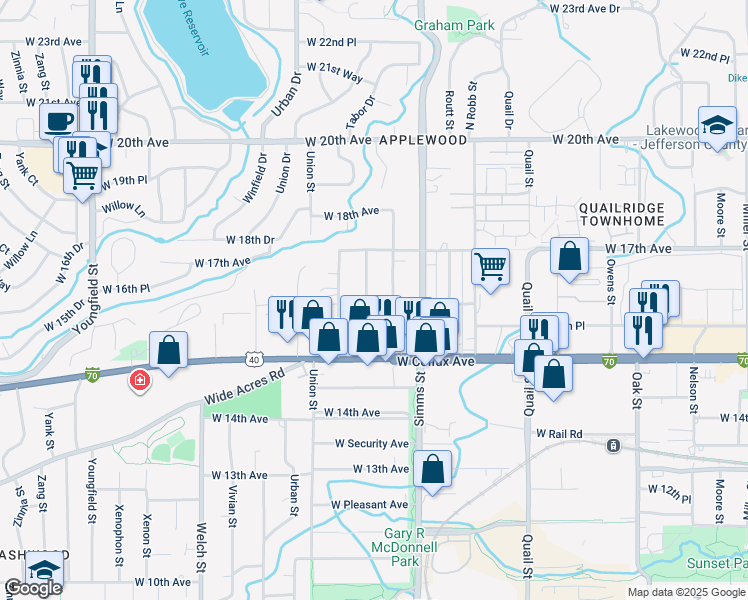 map of restaurants, bars, coffee shops, grocery stores, and more near 1650 Tabor Street in Lakewood
