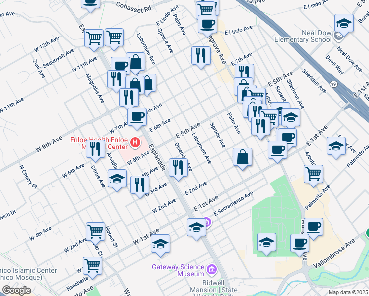 map of restaurants, bars, coffee shops, grocery stores, and more near 1436 Oleander Avenue in Chico