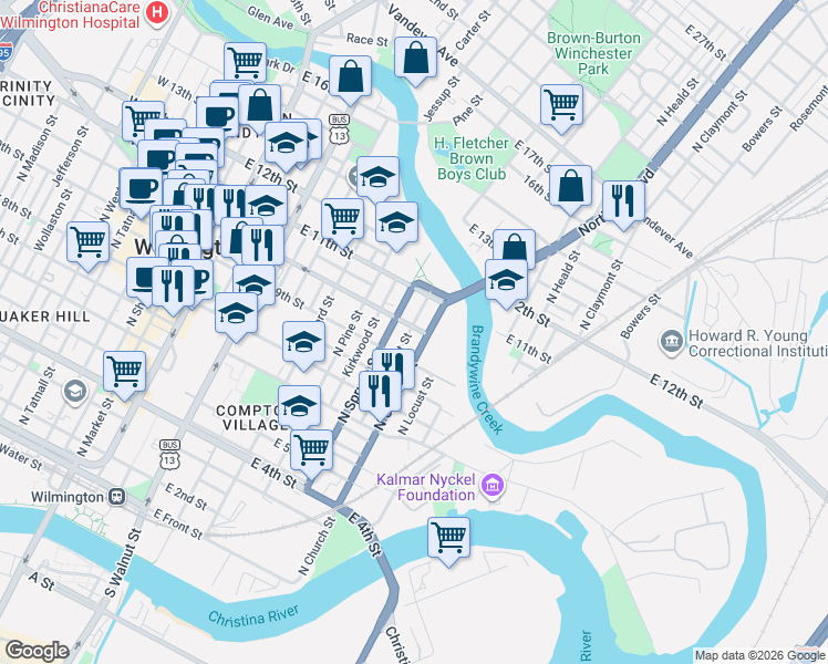 map of restaurants, bars, coffee shops, grocery stores, and more near 711 East 10th Street in Wilmington