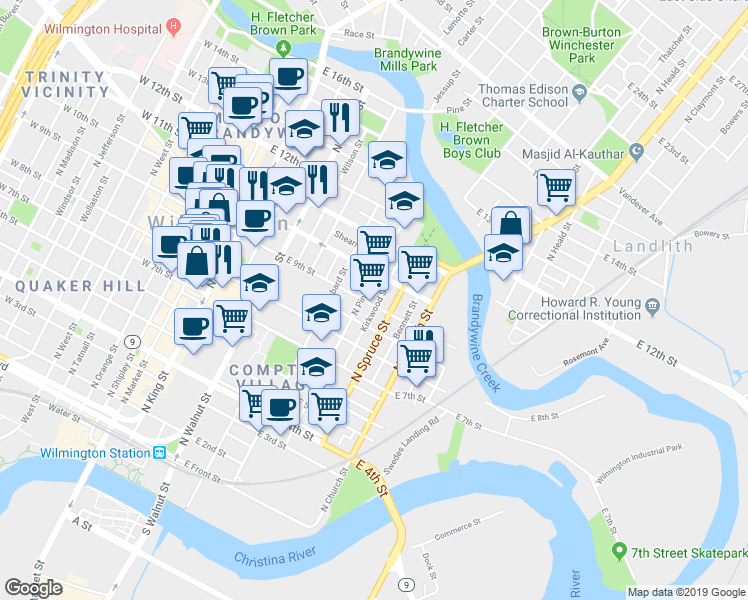 map of restaurants, bars, coffee shops, grocery stores, and more near in Wilmington