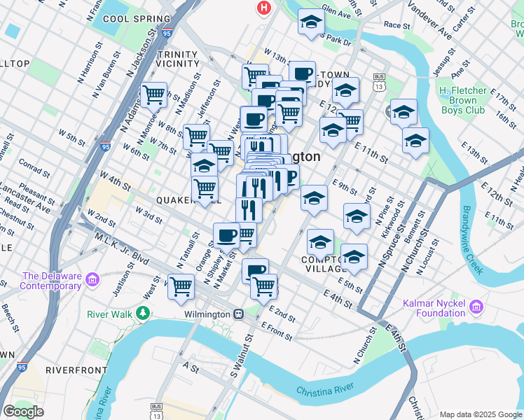 map of restaurants, bars, coffee shops, grocery stores, and more near 615 North Market Street in Wilmington