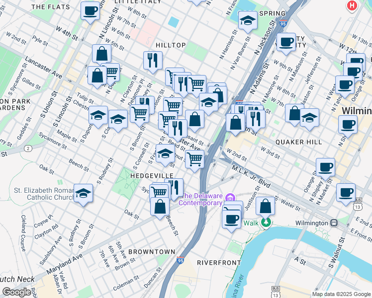 map of restaurants, bars, coffee shops, grocery stores, and more near 1116 Delaware 48 in Wilmington