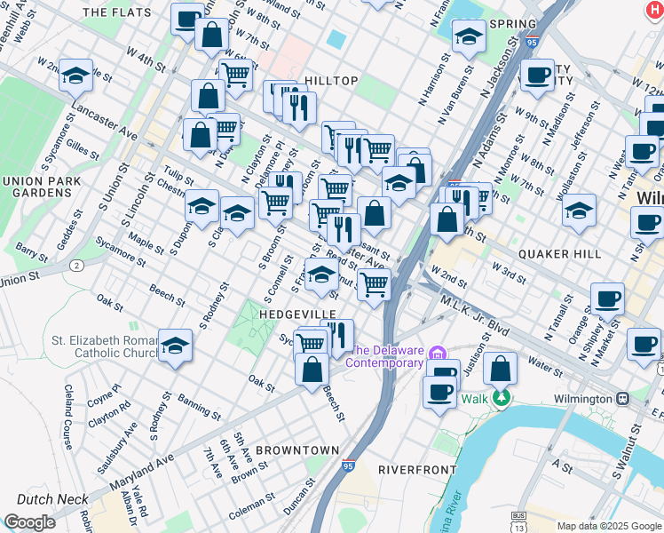 map of restaurants, bars, coffee shops, grocery stores, and more near in Wilmington