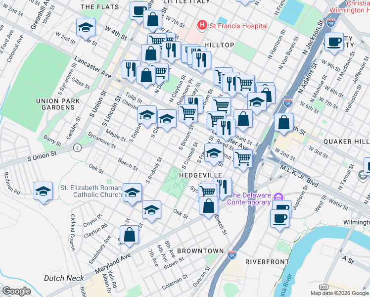 map of restaurants, bars, coffee shops, grocery stores, and more near 215 South Broom Street in Wilmington