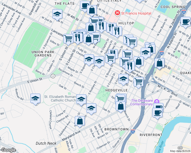 map of restaurants, bars, coffee shops, grocery stores, and more near 1503 Linden Street in Wilmington