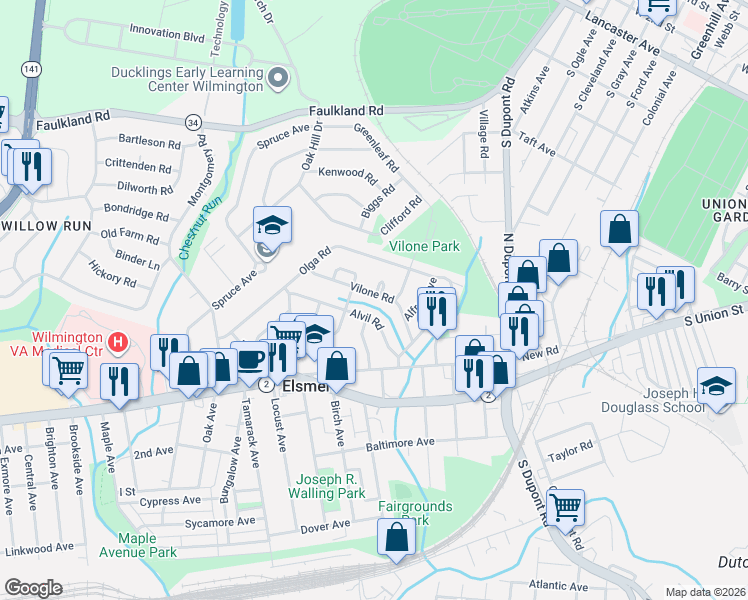 map of restaurants, bars, coffee shops, grocery stores, and more near 24 Vilone Road in Wilmington
