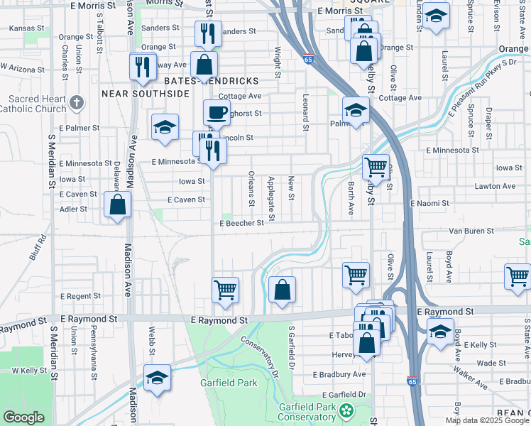 map of restaurants, bars, coffee shops, grocery stores, and more near 1849 Orleans Street in Indianapolis