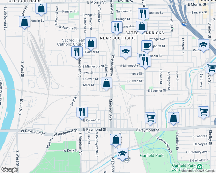 map of restaurants, bars, coffee shops, grocery stores, and more near 1818 Delaware Street in Indianapolis