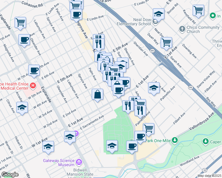 map of restaurants, bars, coffee shops, grocery stores, and more near 1203 Mangrove Avenue in Chico